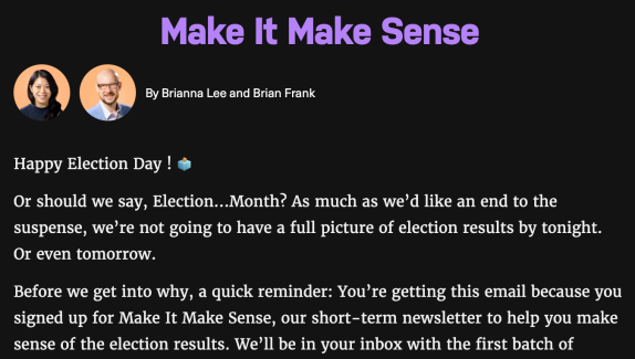 Screenshot of a message from "Make it Make Sense"