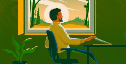 Graphic of man in a green room opening a computer with sun and natural landscape outside of office window