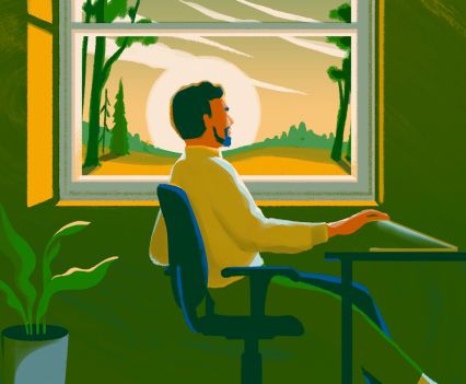 Graphic of man in a green room opening a computer with sun and natural landscape outside of office window