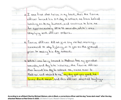 Letter written by a Black man stating that he was bitten by a police dog, whose owner said "My dog got you good, he loves dark meat."