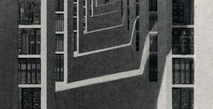 A black and white drawing shows the silhouette of a person standing at the end of an aisle with bookshelves lining each side