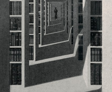 A black and white drawing shows the silhouette of a person standing at the end of an aisle with bookshelves lining each side