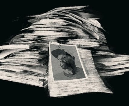 A black and white drawing of stacks of white pages falling to the floor. The pages have indecipherable writing and images on them.