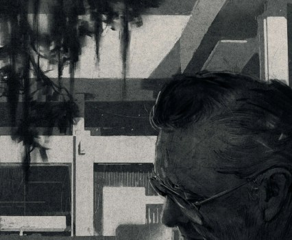 A close up black and white drawing of a man's profile. The man wears glasses and appears to be reading something he is holding in front of him