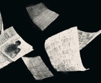 A black and white drawing of white pages falling through the air. The pages have indecipherable writing and images on them.