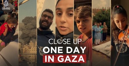 A collage of images showing a man with a beard on the left, a woman's face in the middle, and a younger boy on the left. The title on the collage reads, "Close up, One Day in Gaza"