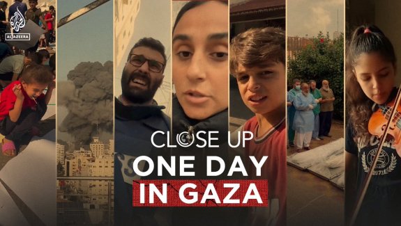 A collage of images showing a man with a beard on the left, a woman's face in the middle, and a younger boy on the left. The title on the collage reads, "Close up, One Day in Gaza"