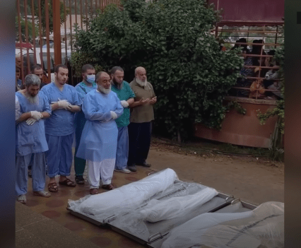 A group of people stand at the top of a line of bodybags laid out on the ground