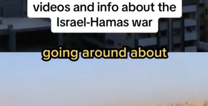 Image is split. On top is a photo of a building exploding in a city. The bottom photo is blurry and shows people standing next to a car on a dirt road. A text box over both images says, "Debunking fake videos and info about the Israel-Hamas war"