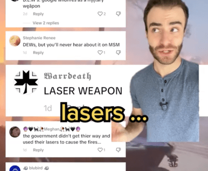 What appears to be a social media stream is shown on top of a blurry image. There is a portrait of a man in an overlay, and yellow text over the entire image that reads, "lasers..."