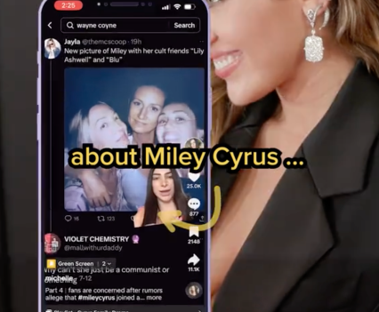 A cellphone showing a social media stream is over a large background image of Miley Cyrus. Yellow text over the image reads, "about Miley Cyrus..."