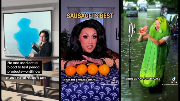 Image is split into thirds. On the far left, a woman in a business suit stands in front of a screen pointing to what appears to be an image of blue liquid on the screen. In the middle a woman leans into the camera frame over a row of oranges. On the right is a woman in a pickle costume speaking into a microphone