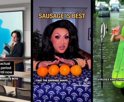 Image is split into thirds. On the far left, a woman in a business suit stands in front of a screen pointing to what appears to be an image of blue liquid on the screen. In the middle a woman leans into the camera frame over a row of oranges. On the right is a woman in a pickle costume speaking into a microphone