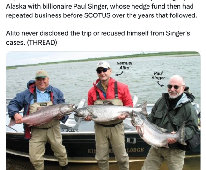 A screenshot from a social media post with an image showing three men each holding a giant fish