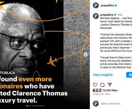 Screenshot from a social media post showing a black and white portrait of Clarence Thomas and lots of text