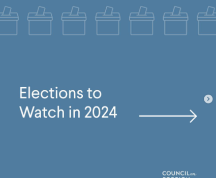 Blue background with clip-art presents as a border on top. Text in the middle reads, "Elections to watch in 2024" and a large arrow points to the right