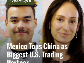 Split image with a man on the left and a woman on the right. Text on top reads, "Mexico Tops China as Biggest U.S. Trading Partner"