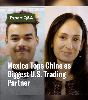 Split image with a man on the left and a woman on the right. Text on top reads, "Mexico Tops China as Biggest U.S. Trading Partner"