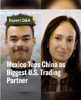 Split image with a man on the left and a woman on the right. Text on top reads, "Mexico Tops China as Biggest U.S. Trading Partner"