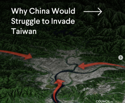 A map with shaded edges and red arrows pointing to a spot in the middle. Text on top reads, "Why China Would Struggle to Invade Taiwan"