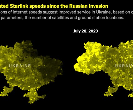 Two side by side images of Ukraine in various shades of yellow. Headline reads, "Simulated Starlink Speeds Since the Russian Invasion"