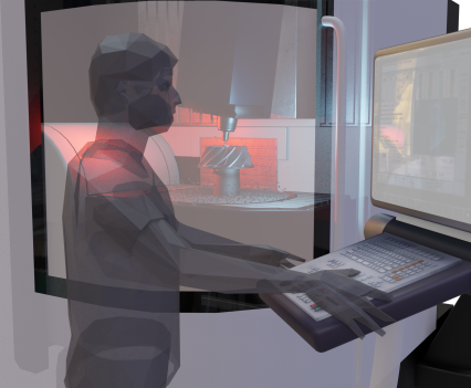 Computer generated image of a drill machine in the background and a human figure with hands on the control board in the foreground