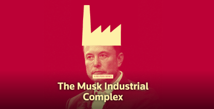 Elan Musk with a drawn yellow industrial building on top of his head (like a crown). Image has a red overlay and background, with yellow text that says, "The Musk Industrial Complex"