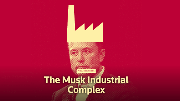 Elan Musk with a drawn yellow industrial building on top of his head (like a crown). Image has a red overlay and background, with yellow text that says, "The Musk Industrial Complex"