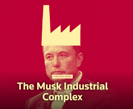 Elan Musk with a drawn yellow industrial building on top of his head (like a crown). Image has a red overlay and background, with yellow text that says, "The Musk Industrial Complex"