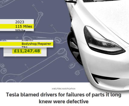 Front right corner of a white Tesla on a blue background with diagrams of car parts. Text on image reads, "Registration Year: 2023, Odometer: 115 Miles, Colour: White, Work Provider: Bodyshop/Repairer"