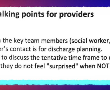 An image from a Navihealth document on \"talking points for providers\"