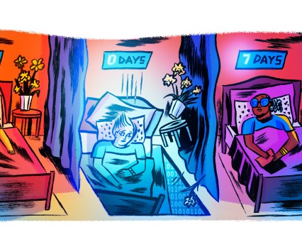 A colorful illustration of patients in beds in a care facility, one patient bed is falling through the floor under a countdown clock set to zero