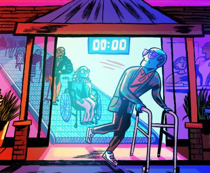 Colorful illustration of a man with a walker exciting a care facility with a conveyor belt of patients behind him and a countdown clock on the door.