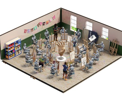 Model of an art class with a large hand in the center of a room, surrounded by figures sitting at easels