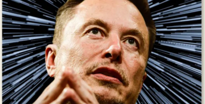 Elan Musk on a blue and grey background. Text on image reads, "FORTUNE: Elan Musk's Universe"