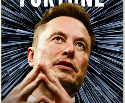 Elan Musk on a blue and grey background. Text on image reads, "FORTUNE: Elan Musk's Universe"