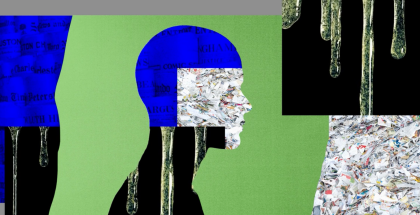 Collage image of a human head in profile on a green background