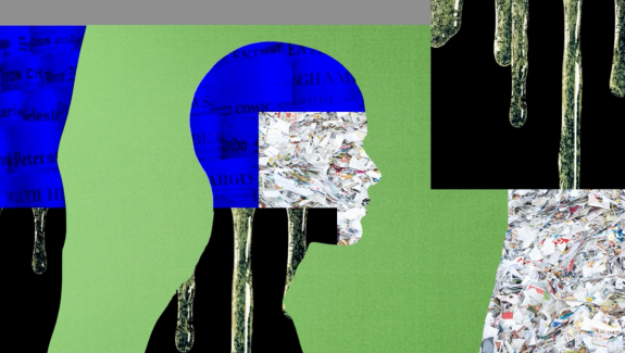 Collage image of a human head in profile on a green background