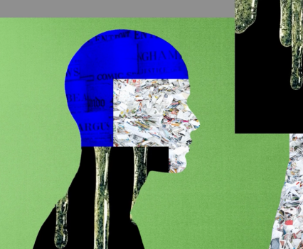 Collage image of a human head in profile on a green background