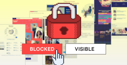 Illustration of a pixelated lock over two buttons labeled \"BLOCK\" and \"VISIBLE,\" set over a background of cascading screenshots of websites