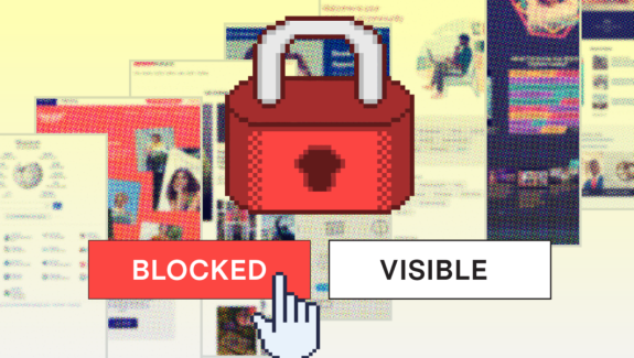 Illustration of a pixelated lock over two buttons labeled \"BLOCK\" and \"VISIBLE,\" set over a background of cascading screenshots of websites