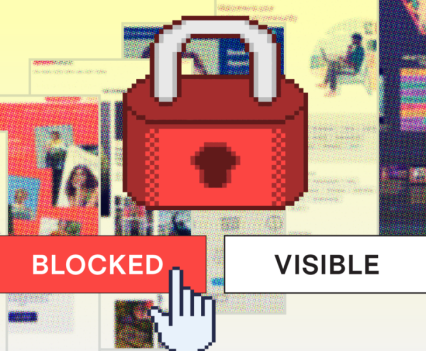 Illustration of a pixelated lock over two buttons labeled \"BLOCK\" and \"VISIBLE,\" set over a background of cascading screenshots of websites