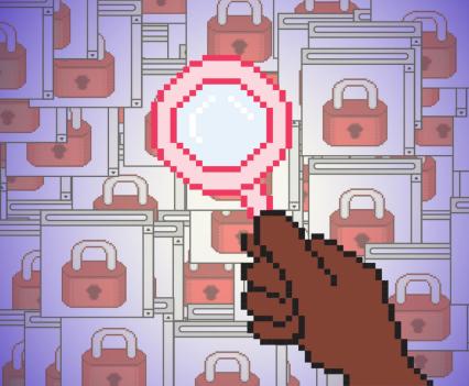 Illustration of a pixelated hand holding a magnifying glass, set against a background of overlapping browser windows displaying a lock