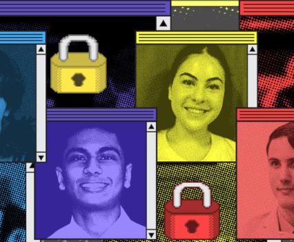 Illustration of four pictures of students in overlapping browser windows; multiple browser windows in the background show a pixelated lock over an abstract halftone background