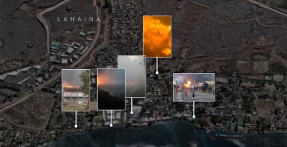 Still image of an animated map with images of events happening in different areas of the map