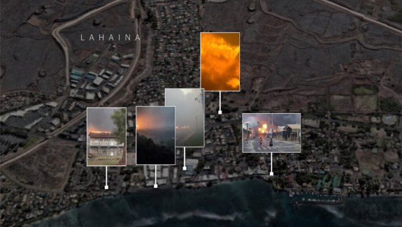 Still image of an animated map with images of events happening in different areas of the map