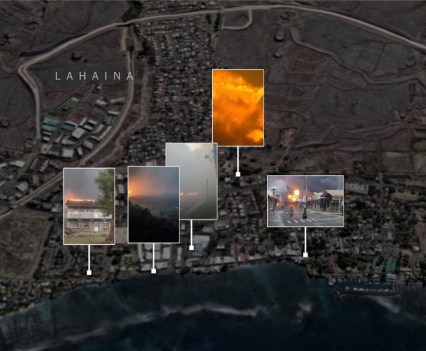 Still image of an animated map with images of events happening in different areas of the map