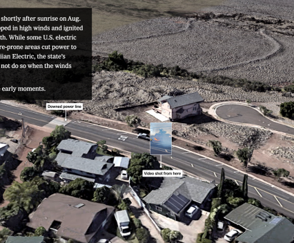 Screenshot from a multimedia presentation showing an aerial view of Maui during the wildfires