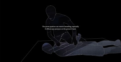 Line drawing on a black background shows one figure restraining another figure that is face down on the ground. Text on the image reads, "The prone position can restrict breathing, especially if officers put pressure on the person's back."