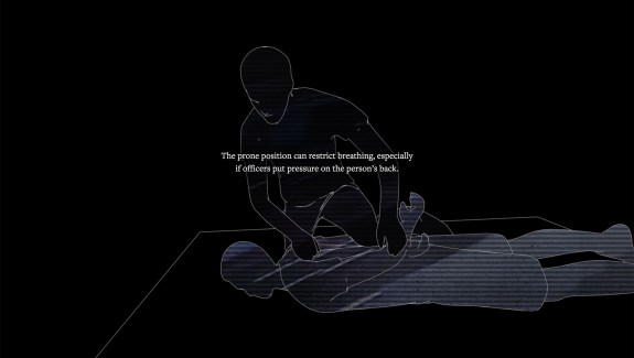 Line drawing on a black background shows one figure restraining another figure that is face down on the ground. Text on the image reads, "The prone position can restrict breathing, especially if officers put pressure on the person's back."